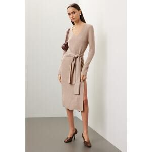 Toccin Stevie Tie-Front Dress (Beige Knit Wrap Midi Dress) - Sz M
